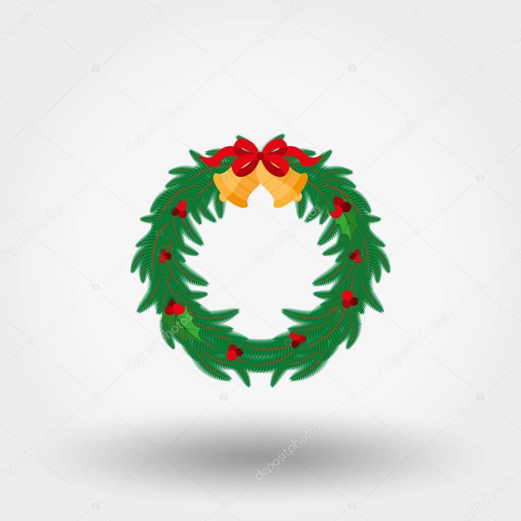 Christmas wreath with holly berries, bells and a red bow. Icon. Vector. Flat.