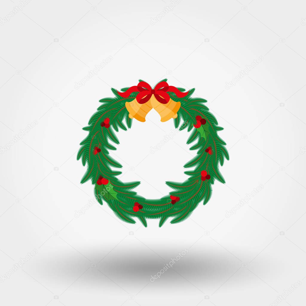 Christmas wreath with holly berries, bells and a red bow. Christmas decoration. Merry Christmas. Vector illustration on a white background. Can be used for design greeting card, invitation. Flat design style