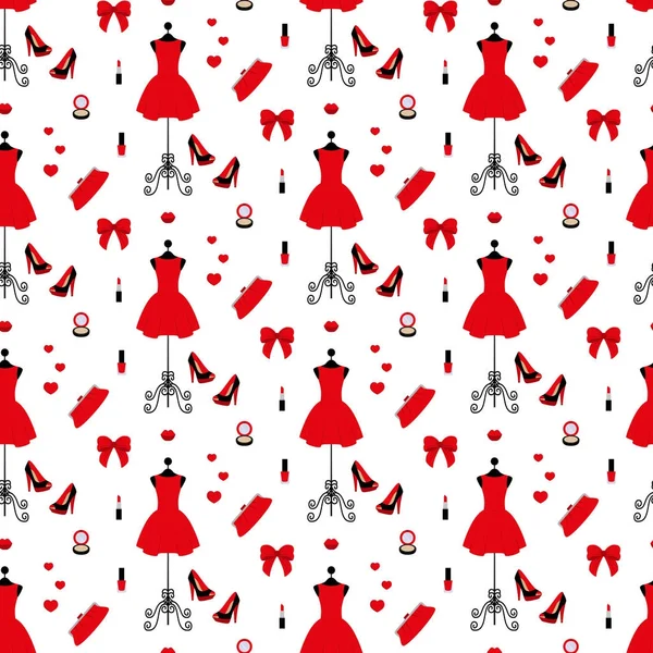 Mannequin vintage en robe rouge, talons hauts, pochette, poudre, rouge à lèvres, vernis à ongles. Modèle sans couture . — Image vectorielle
