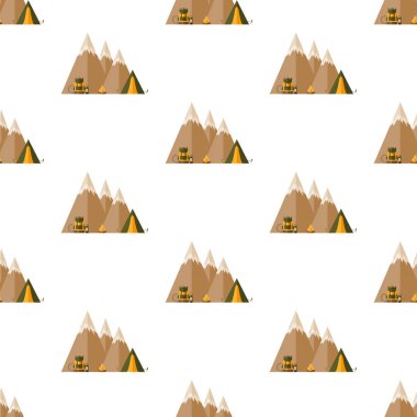 Dağlar, turist çadır, hiking sırt çantası, ip, karabina, fener. Seamless modeli.