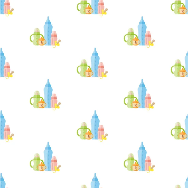 Baby feeding bottles, pacifiers. Seamless pattern.