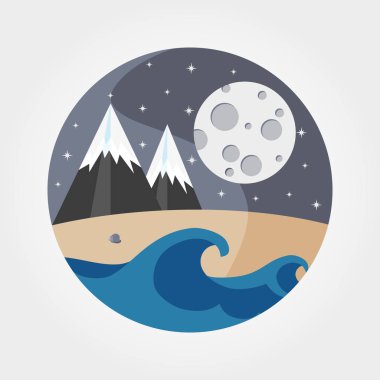 Dalgalar kumlu plaj, deniz, dağlar ve dolunay.