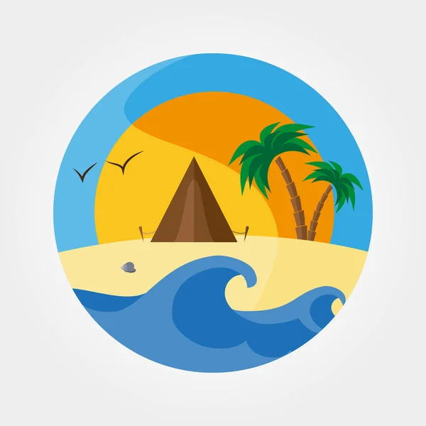 Olas de la playa de arena, mar, montañas y luna llena . — Vector de stock