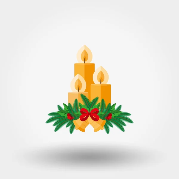 Bougies, brindilles d'épinette, baies de houx et cloches avec un arc rouge. Décoration de Noël — Image vectorielle