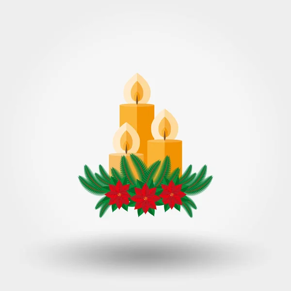 Bougie de Noël décorée avec des brindilles de sapin et poinsettia — Image vectorielle