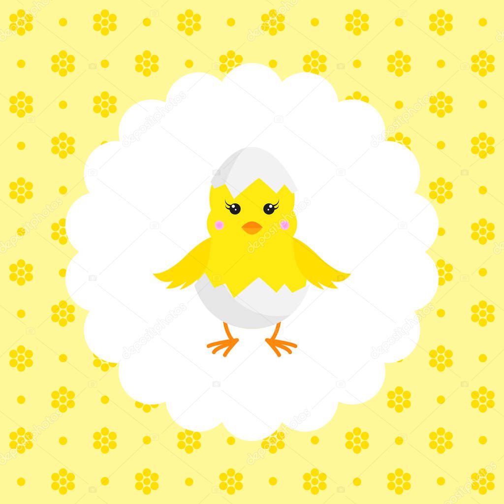 Chick in Eggshell. Flat vector illustration on floral pattern. Can be used for design greeting card, invitation or banner. All the elements can be used as icons for mobile applications or logos