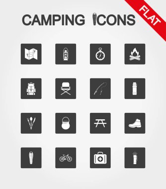 Kamp Icons set. Simge. Vektör. Düz.