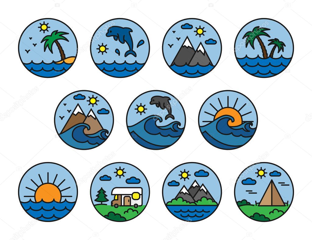 Nature,vacation,camping. Set. Can be used for design greeting card, invitation, banner, logos or icons for mobile applications. Vector illustration on a buttons. Flat design style. Editable stroke