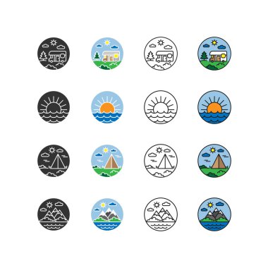 Doğa, tatil, kamp. Simgeler, logolar. Düz tasarım tarzı. Düzenlenebilir vuruş