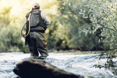 Sinek balıkçı flyfishing çubuk kullanarak.
