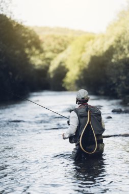 Sinek balıkçı flyfishing çubuk kullanarak.