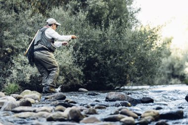 Sinek balıkçı flyfishing çubuk kullanarak.