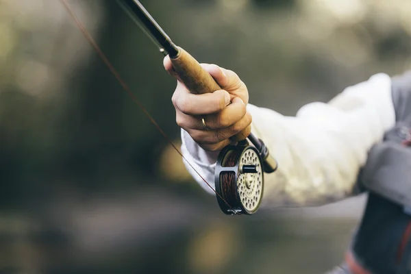 Caña de pescar con mosca en mano de pescador. —  Fotos de Stock