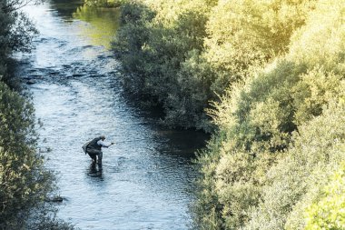 Sinek balıkçı flyfishing çubuk kullanarak.