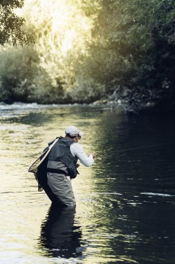 Sinek balıkçı flyfishing çubuk kullanarak.