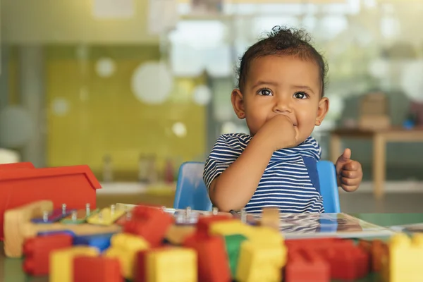 Happy baby playing with toy blocks. — Stock Photo, Image