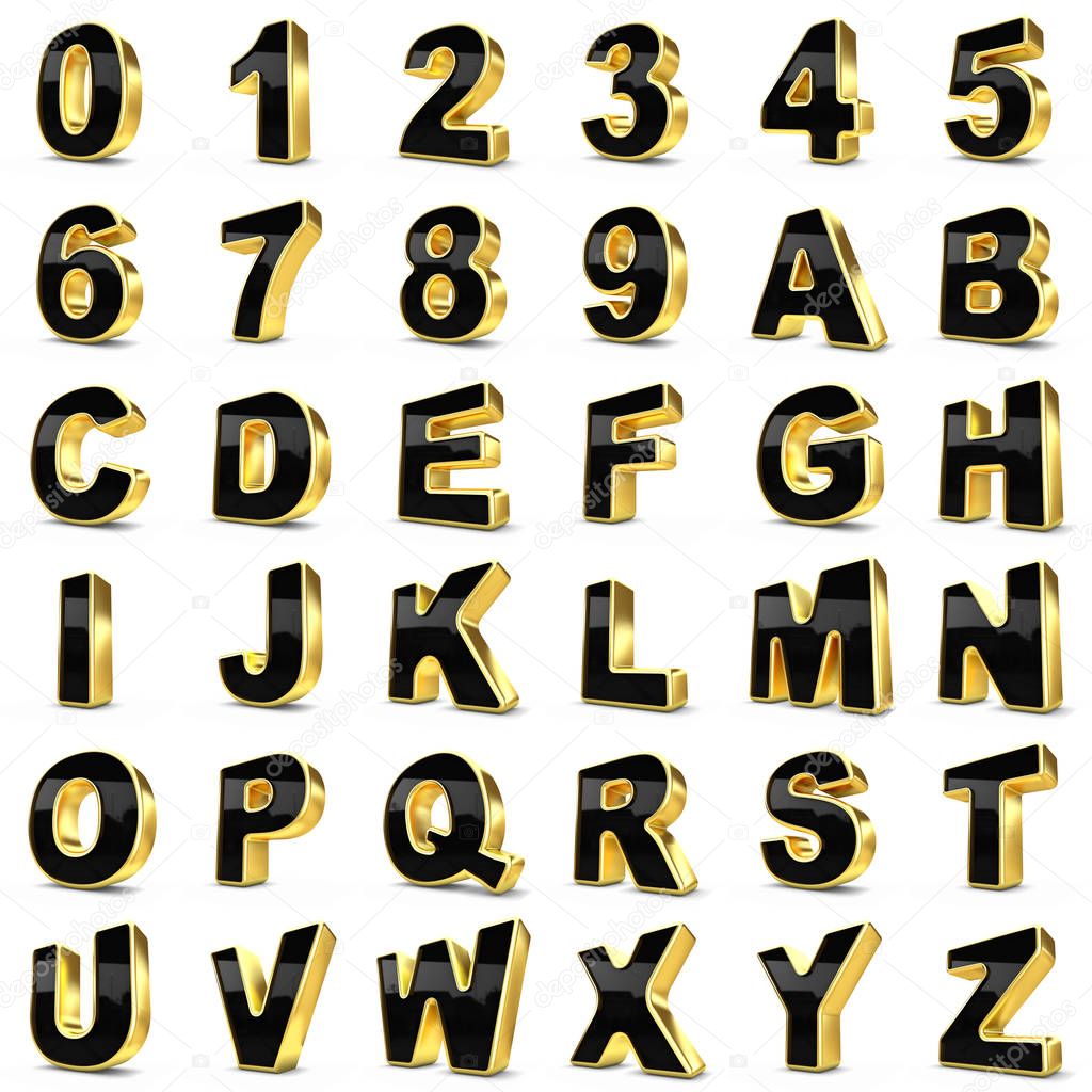 3d Gold and Black metal numbers and letters.