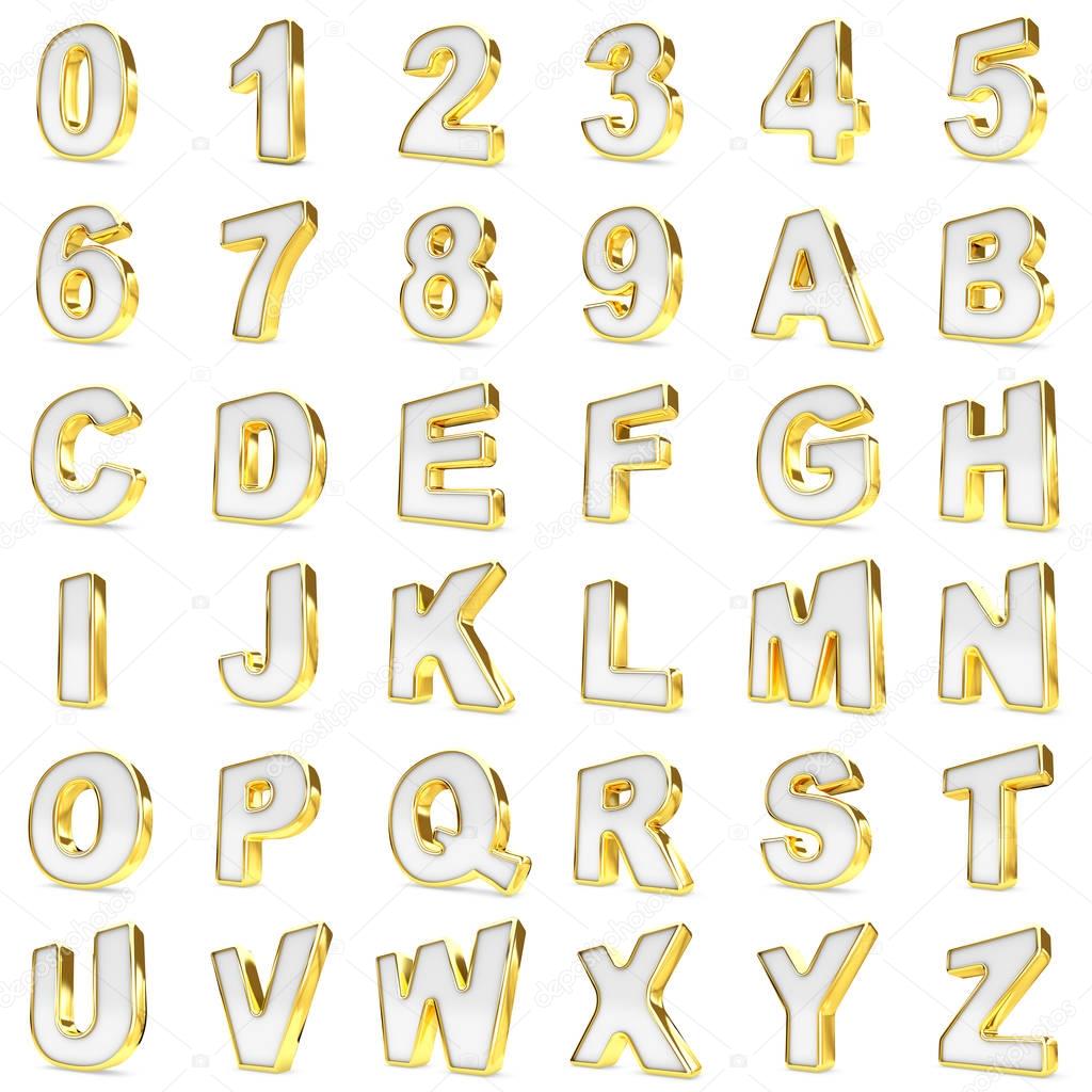 3D Gold and white numbers and letters.