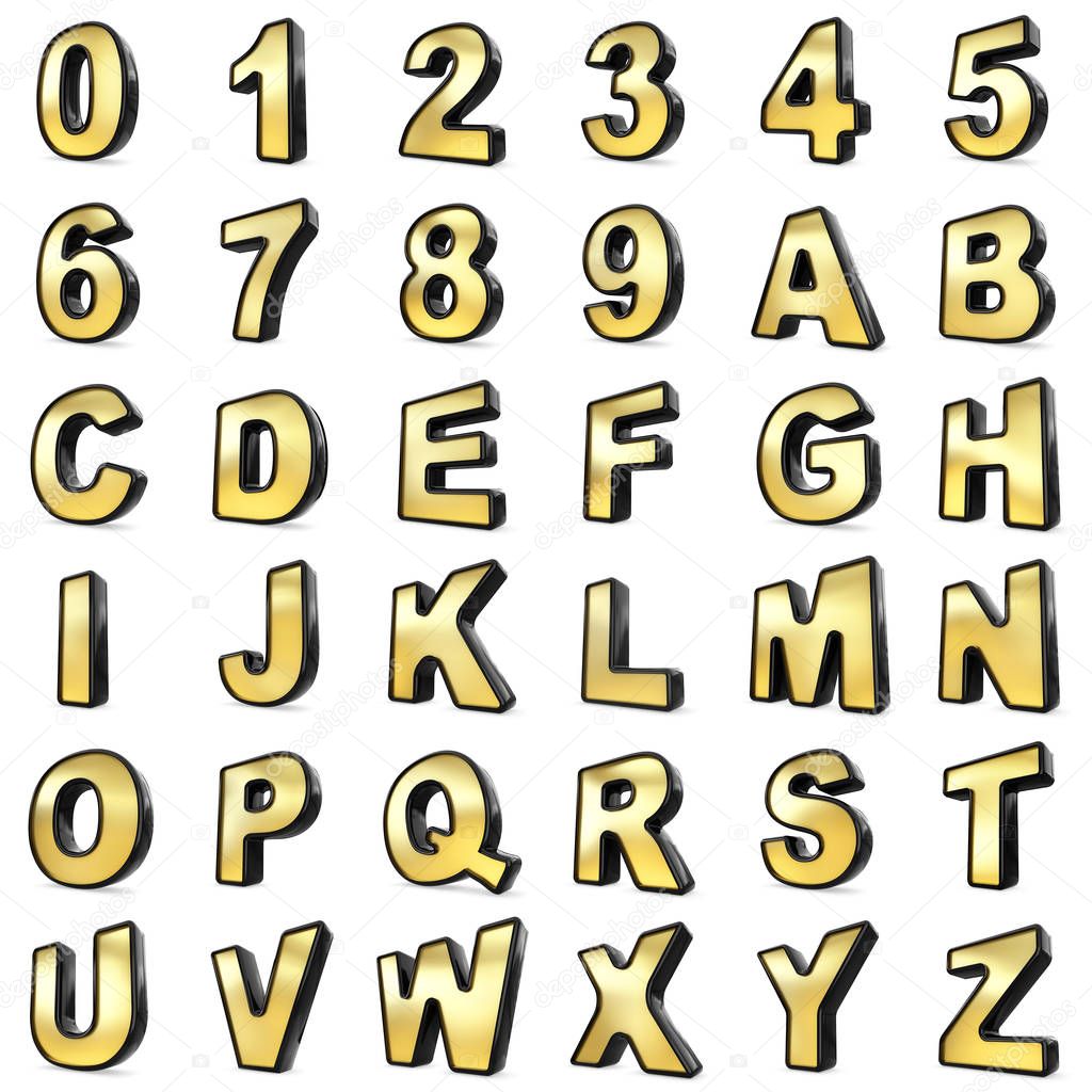 3D Gold and Black metal numbers and letters.