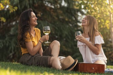 güzel kadın parkta şarabı içme.