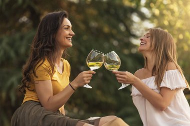 güzel kadın parkta şarabı içme.