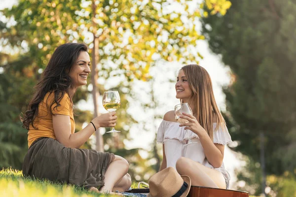 Όμορφες γυναίκες, πίνοντας κρασί στο πάρκο. — Φωτογραφία Αρχείου