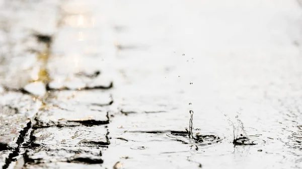 Regnet faller på vägen. Stänk och vattenpölar närbild. — Stockfoto