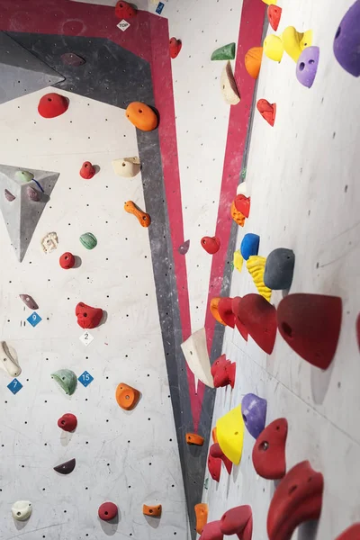 Grey wall with climbing holds and ropes in gym. — Stock Photo, Image