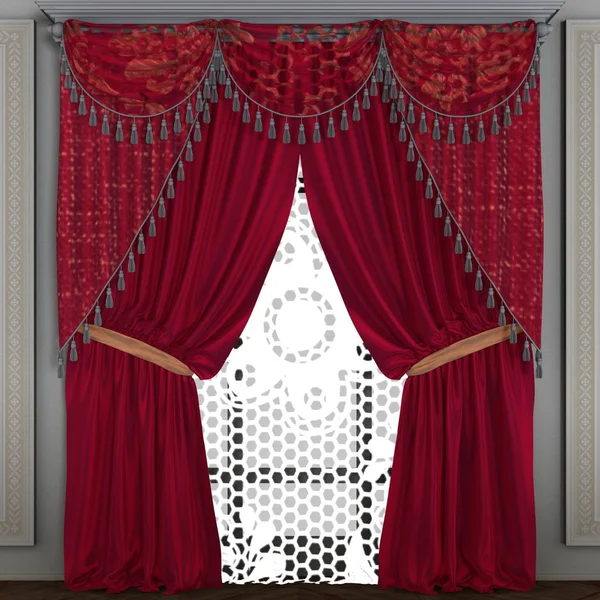 Interieur in zachte roze tinten. Zachte velours gordijnen met franje ... Interieur in zachte roze tinten. Zachte velours gordijnen met franje ...