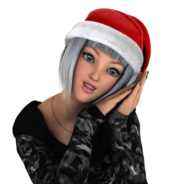 Noel Baba şapkalı genç bir kadın. — Stok fotoğraf