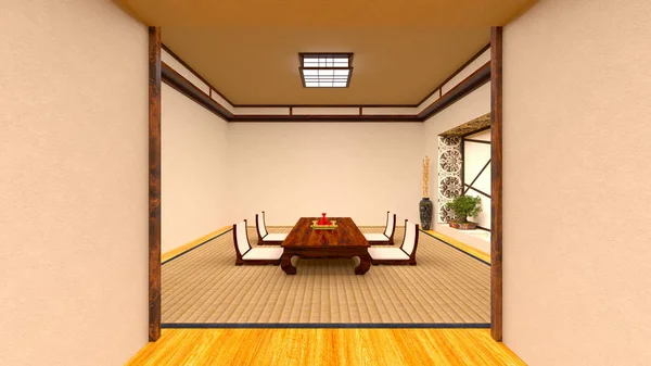 3D-s cg visszaadás-ból egy japán stílusú szoba. — Stock Fotó