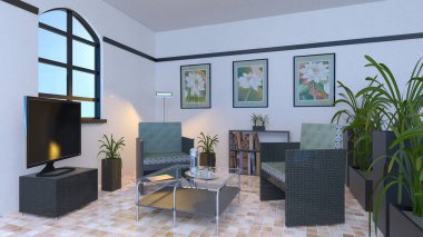 Salon / oturma odası 3d Cg render.