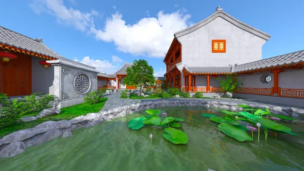 Chinese Style Residence Courtyard Rendering Chinese Style Residence Courtyard — Stock Photo, Image