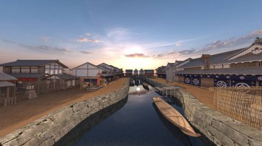 Kasaba Japon kale / 3d Cg render Japon kale şehir.