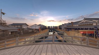Kasaba Japon kale / 3d Cg render Japon kale şehir.