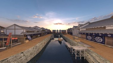 Kasaba Japon kale / 3d Cg render Japon kale şehir.
