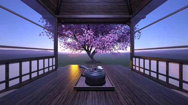 Rendering Einer Villa Japanischen Stil — Stockfoto