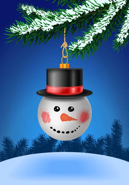 Boule de boule de neige en chapeau noir sur arbre de Noël — Image vectorielle