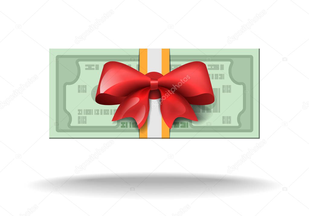 Bundle of dollars bills tied with a red bow