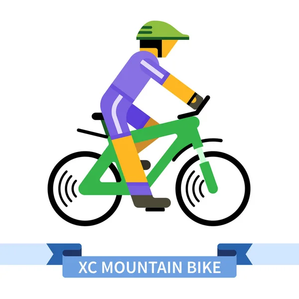 Biciclista em cross country mountain bike. Simples vista lateral clipart desenho na cor plana. Isolado velocidade esporte bicicleta vetor ilustração — Vetor de Stock