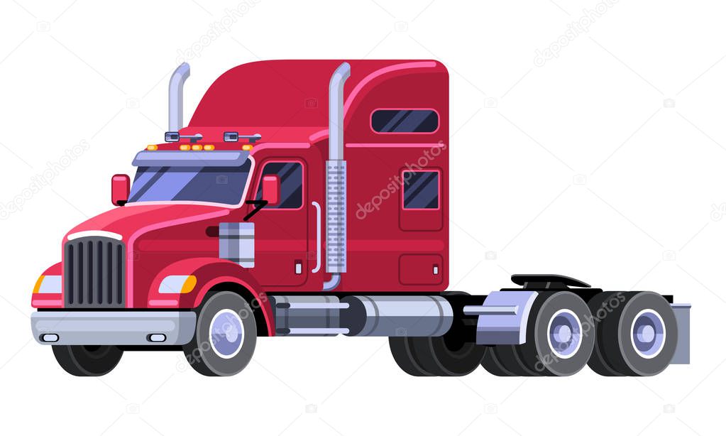 Classic tractor truck with sleeper cab and fifth wheel. Simple front side view clipart drawing in flat color. Isolated red truck vector illustration