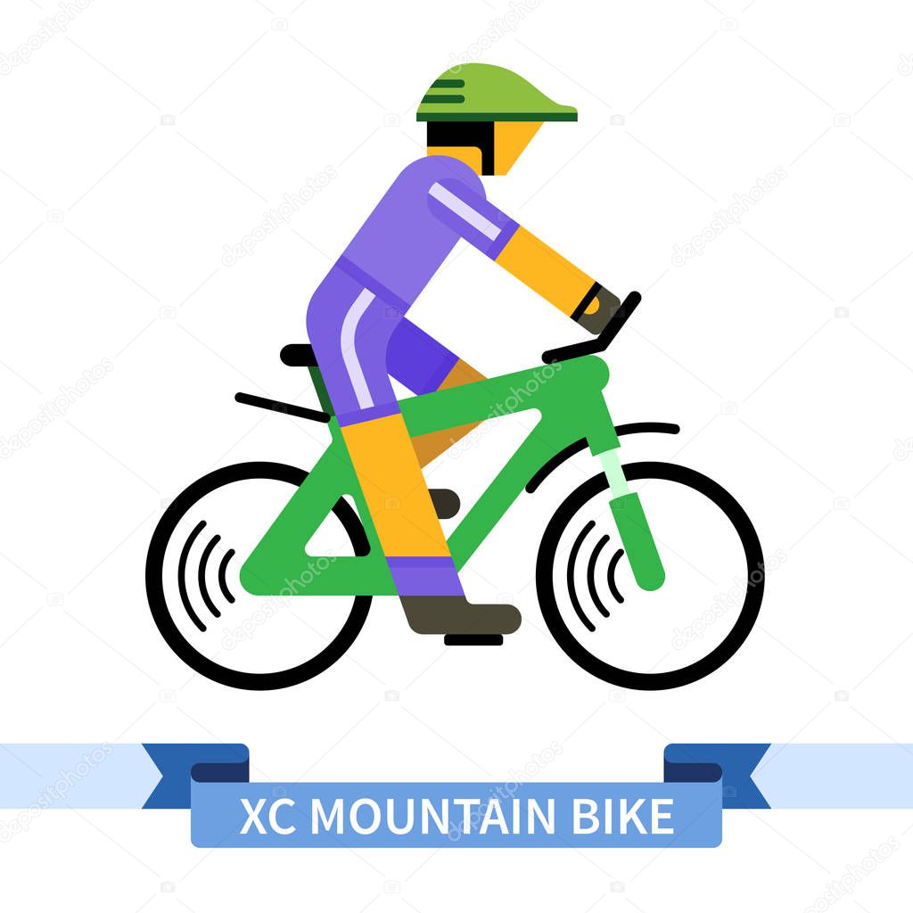 Bicyclist on cross country mountain bike. Simple side view clipart drawing in flat color. Isolated speed sport bicycle vector illustration