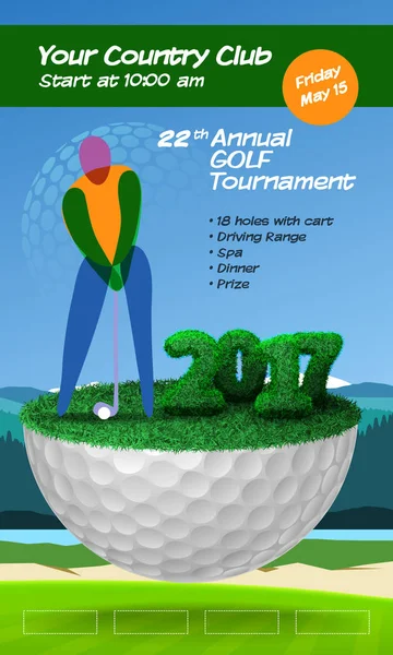Golfista in piedi su mezza palla da golf. Biglietto da golf verticale brochure — Vettoriale Stock