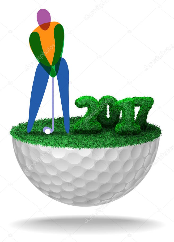 Golfer and numbers of 2017 textured with grass on half golf ball