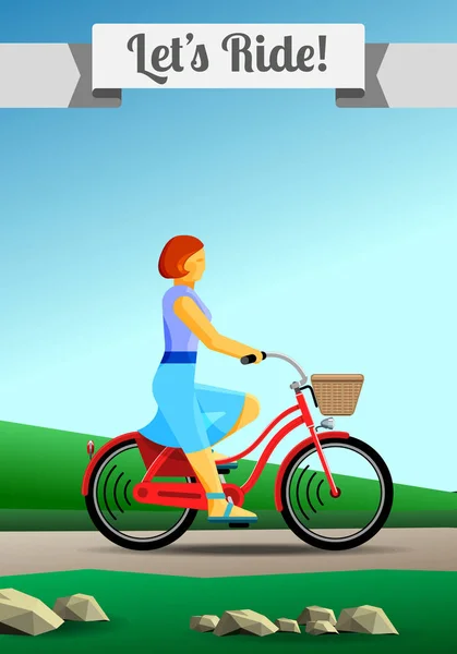 Rossa giovane donna in sella a una bicicletta a telaio aperto in campagna — Vettoriale Stock
