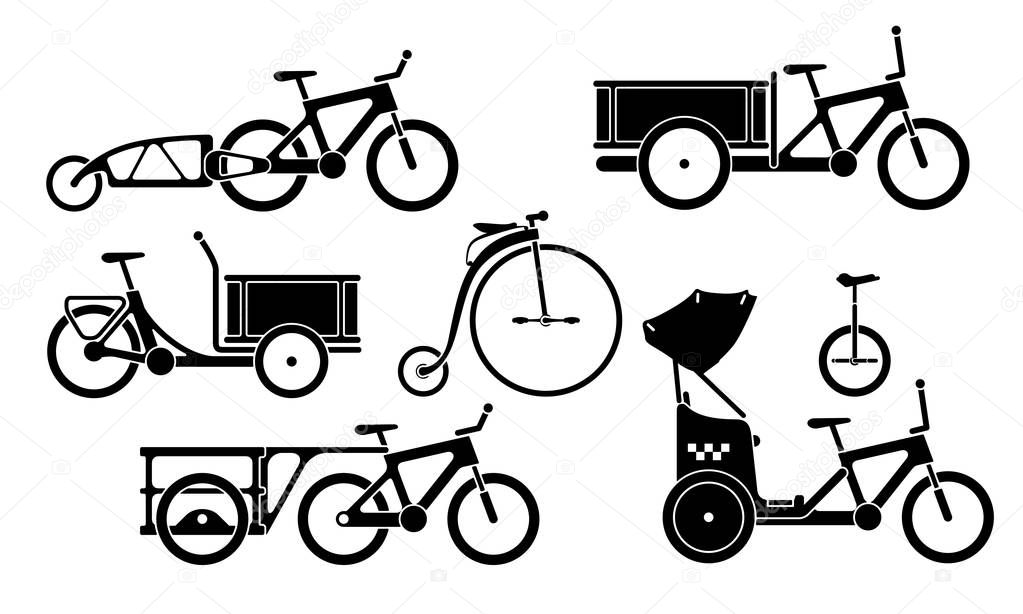 Set of utility bikes and trikes silhouette icons