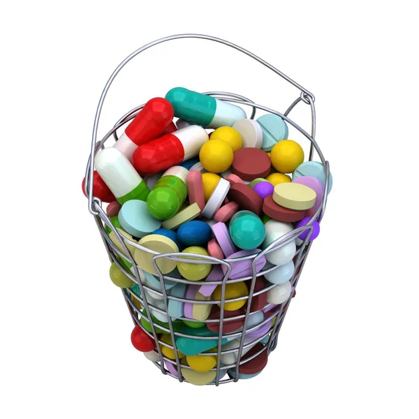 Various drug pills capsules in iron basket — Stock Photo, Image