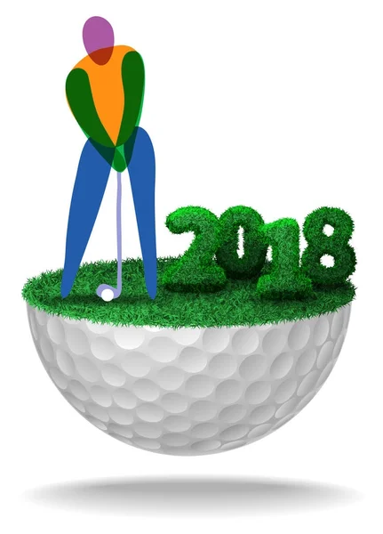 Golfista y números de 2018 texturizado con hierba en la mitad de la pelota de golf — Vector de stock