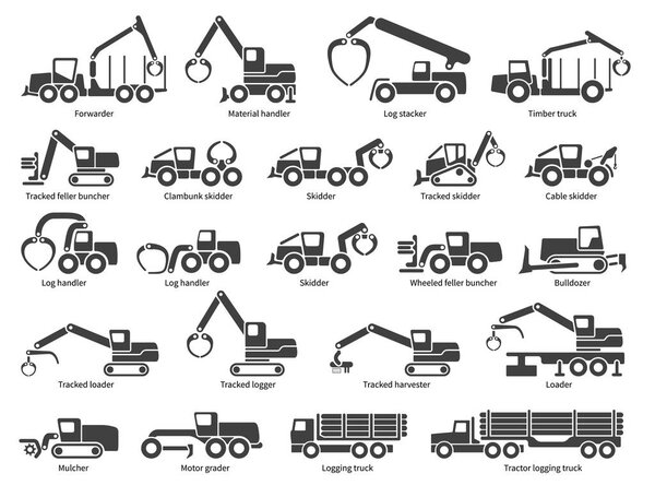 Forestry machinery vector icons set