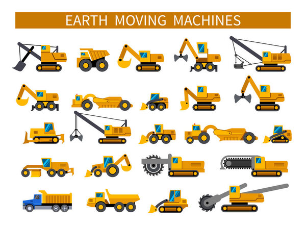 Earthmoving machines icons set